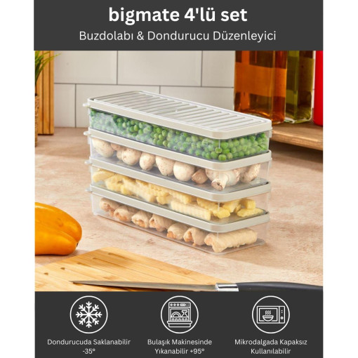 bigmate 4'lü Şeffaf Saklama Kabı 4x1 Lt BGMT1515 Mikrodalga Buzdolabı ve Dondurucu Uyumlu Düzenleyici