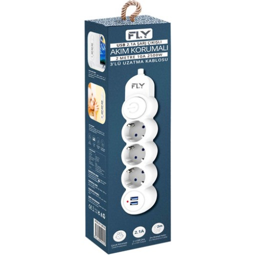 FLY FLY-3393-01 Akım Korumalı 3'lü Priz 2 USB 2m 2.1A Uzatma Kablosu FLY FLY-3393-01 Akım Korumalı 3'lü Priz 2 USB 2m 2.1A Uzatma Kablosu