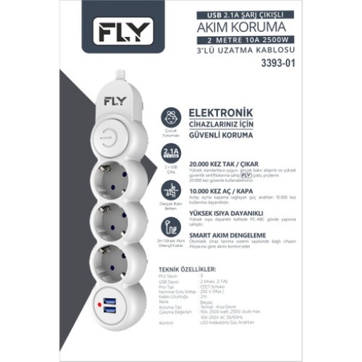 FLY FLY-3393-01 Akım Korumalı 3'lü Priz 2 USB 2m 2.1A Uzatma Kablosu FLY FLY-3393-01 Akım Korumalı 3'lü Priz 2 USB 2m 2.1A Uzatma Kablosu